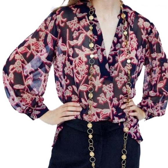 𝅺Zara Floral Red & Blue Oversized V Neck Studded Blouse SZ M - Picture 4 of 12